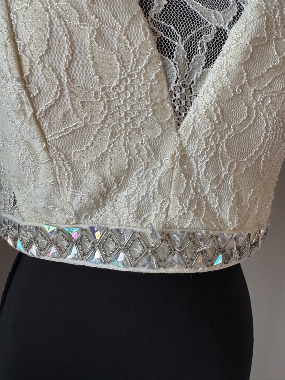 City Triangles Cream Lace Crop Top with Embellished Hem